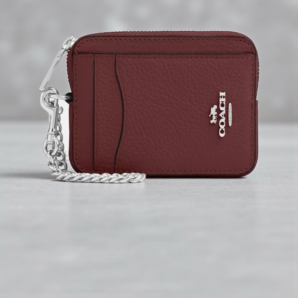 Coach Pebbled Leather Card Case with Chain in Burgundy